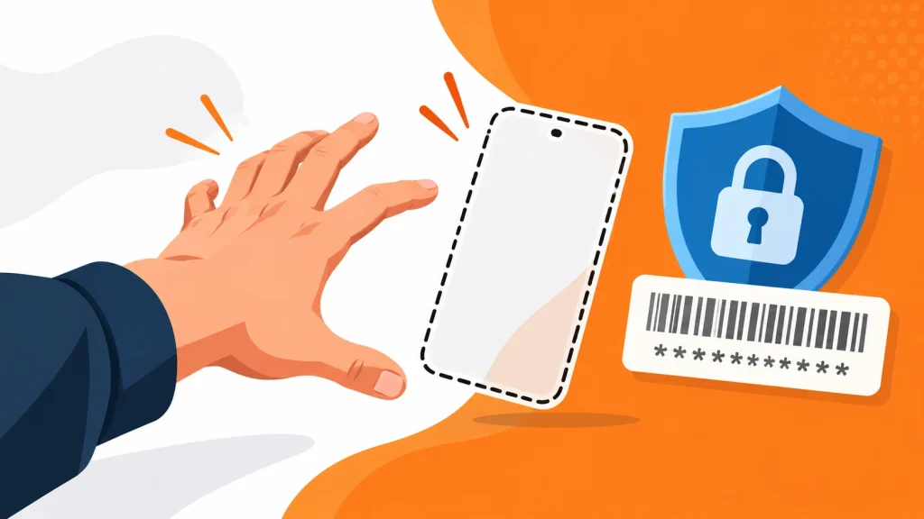 Flat illustration of a missing smartphone with a reaching hand, security shield, padlock, and IMEI number placeholder.