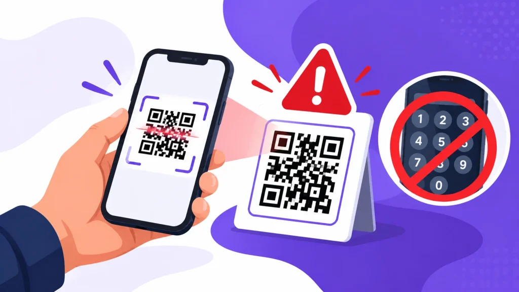 Illustration of a smartphone scanning a QR code with a red warning symbol and a crossed-out PIN keypad